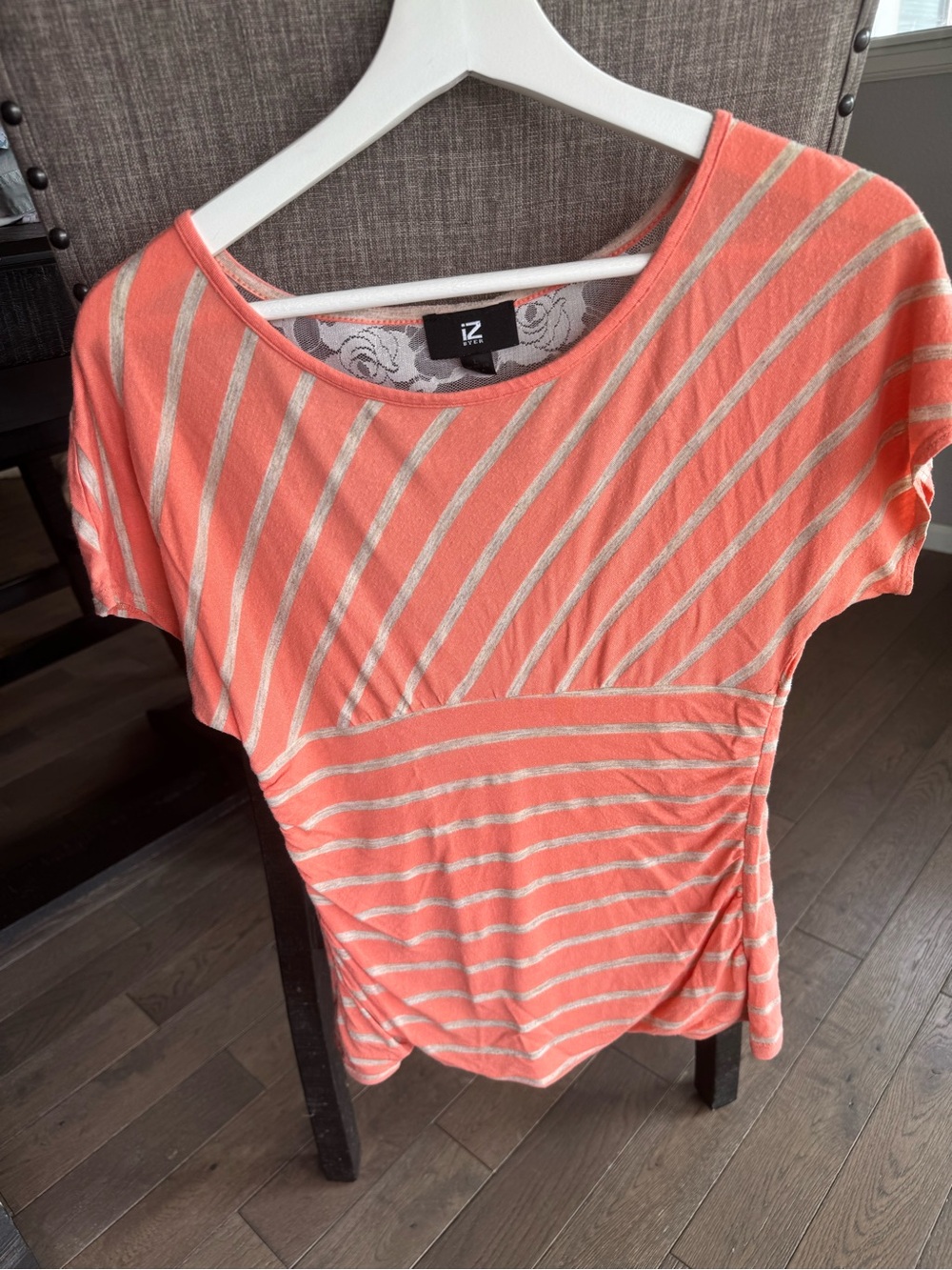 Iz Byer Coral and Cream Striped Short-Sleeve Top
